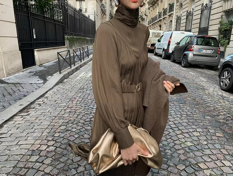 Elegant Turtleneck Long Sleeve A-line Loose Midi Dress