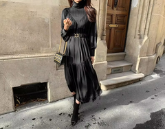 Elegant Turtleneck Long Sleeve A-line Loose Midi Dress