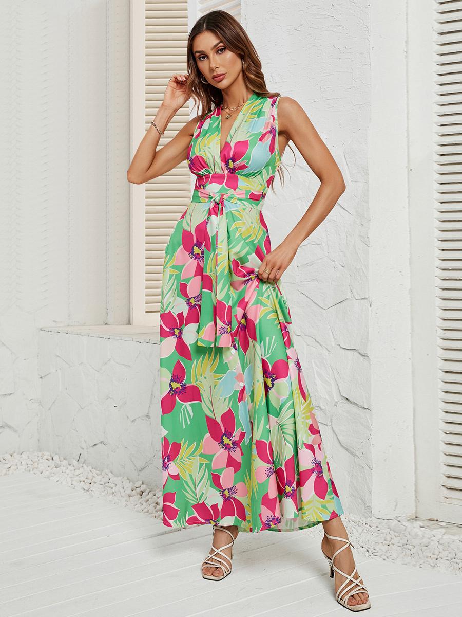 Casual Allover Floral V-Neck Belted Sleeveless Asymmetrical Maxi Dress