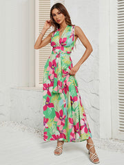 Casual Allover Floral V-Neck Belted Sleeveless Asymmetrical Maxi Dress