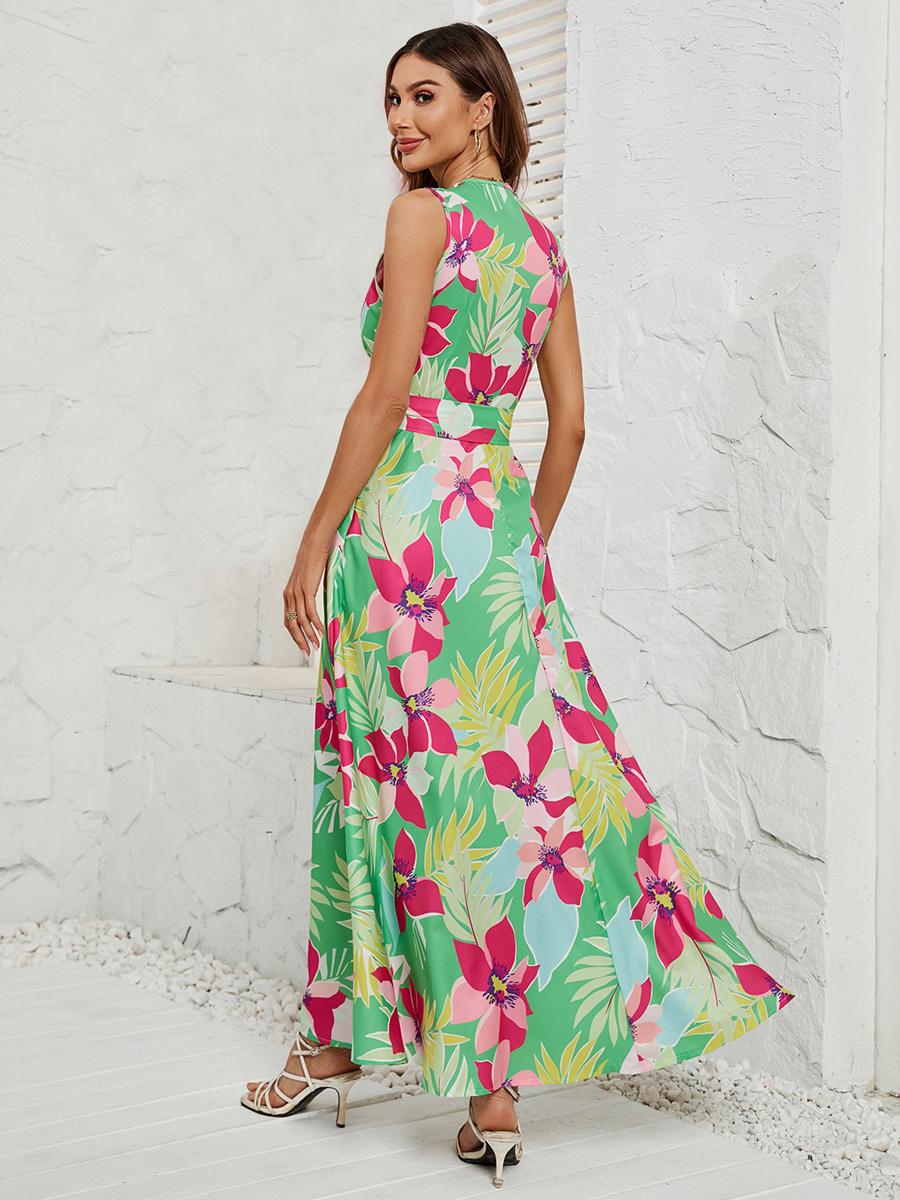 Casual Allover Floral V-Neck Belted Sleeveless Asymmetrical Maxi Dress