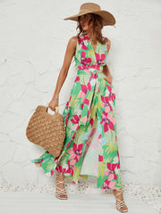 Casual Allover Floral V-Neck Belted Sleeveless Asymmetrical Maxi Dress