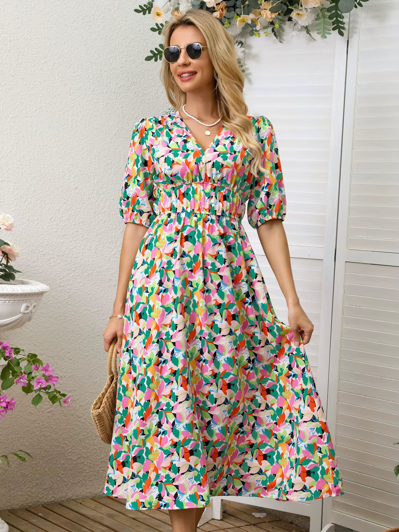 Casual Asymmetrical Pullover V-Neck Beach Style Printed Design Sundress
