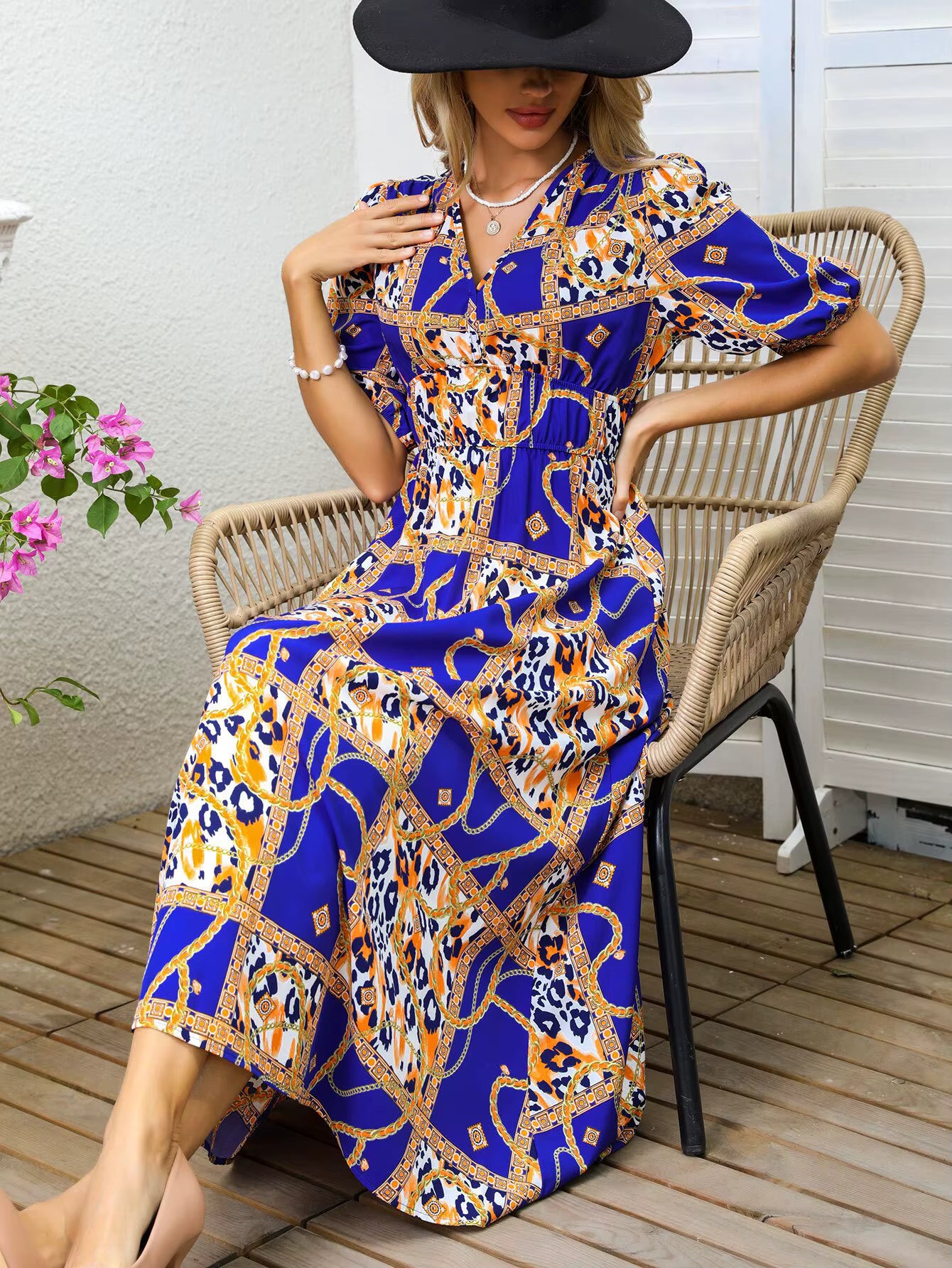 Bohemian Asymmetrical Pullover V-Neck Beach Style Geometric Design Sundress