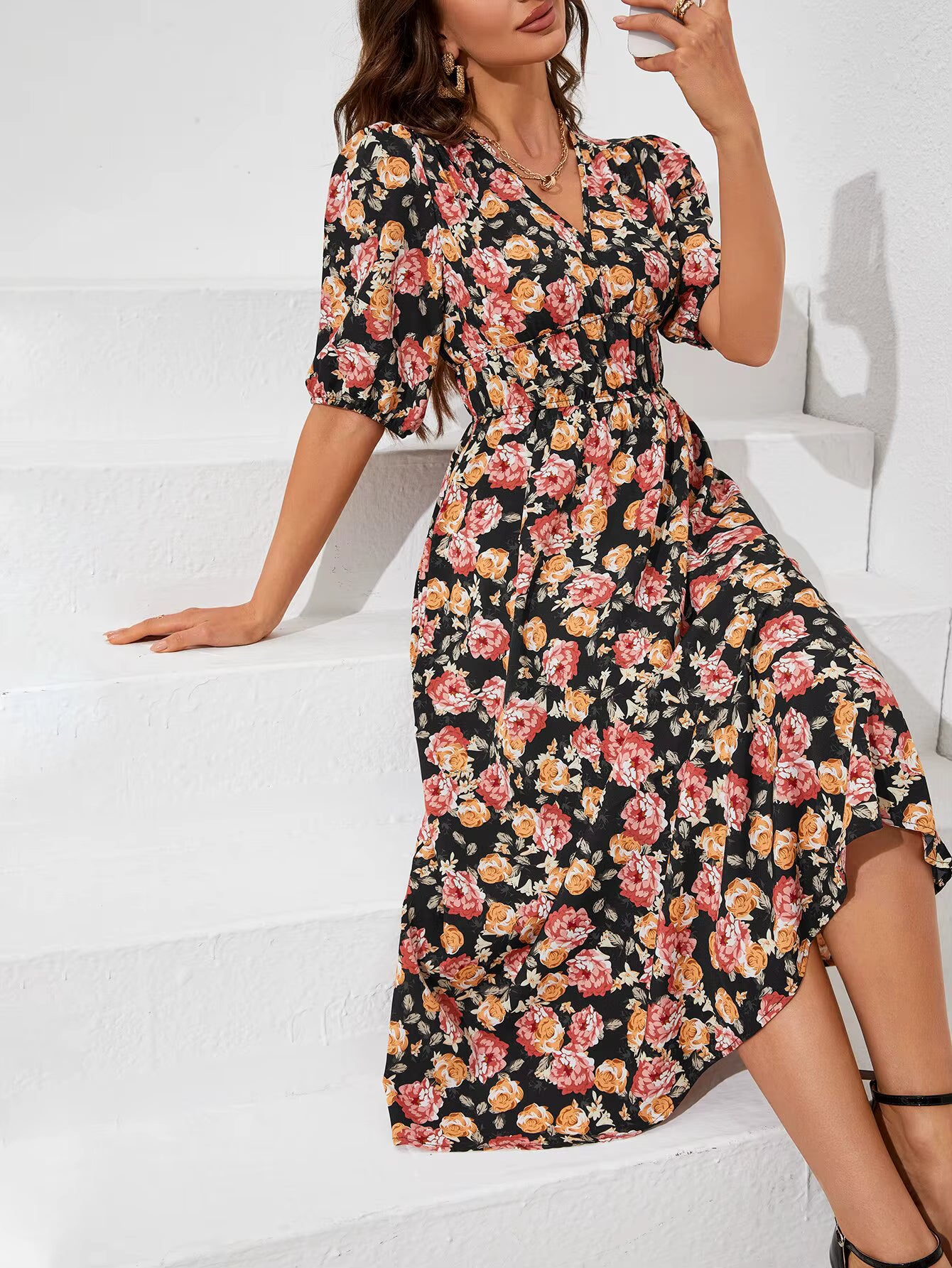 Bohemian Asymmetrical Pullover V-Neck Beach Style Geometric Design Sundress