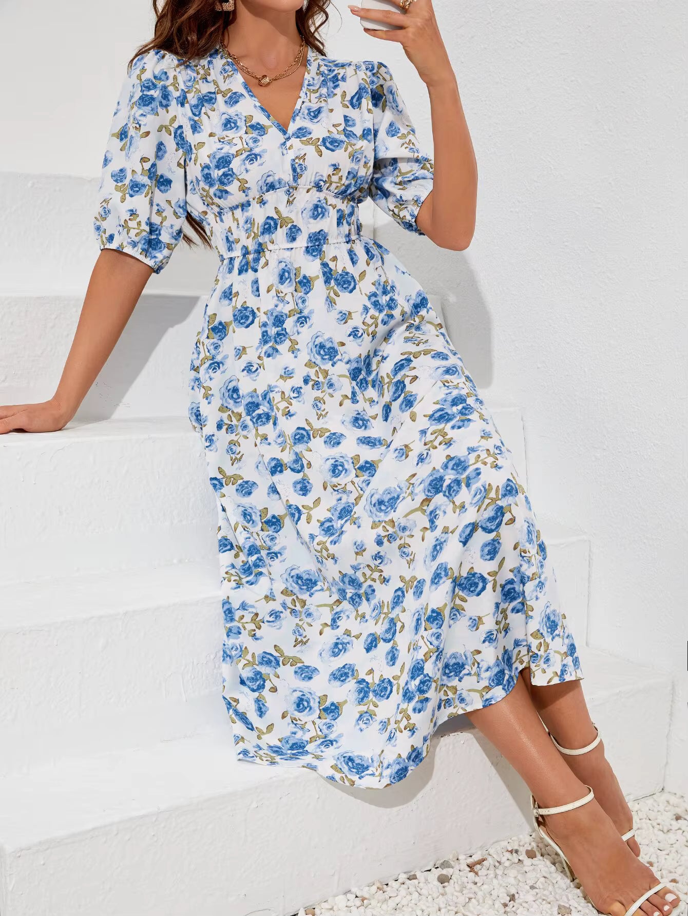 Bohemian Asymmetrical Pullover V-Neck Beach Style Geometric Design Sundress