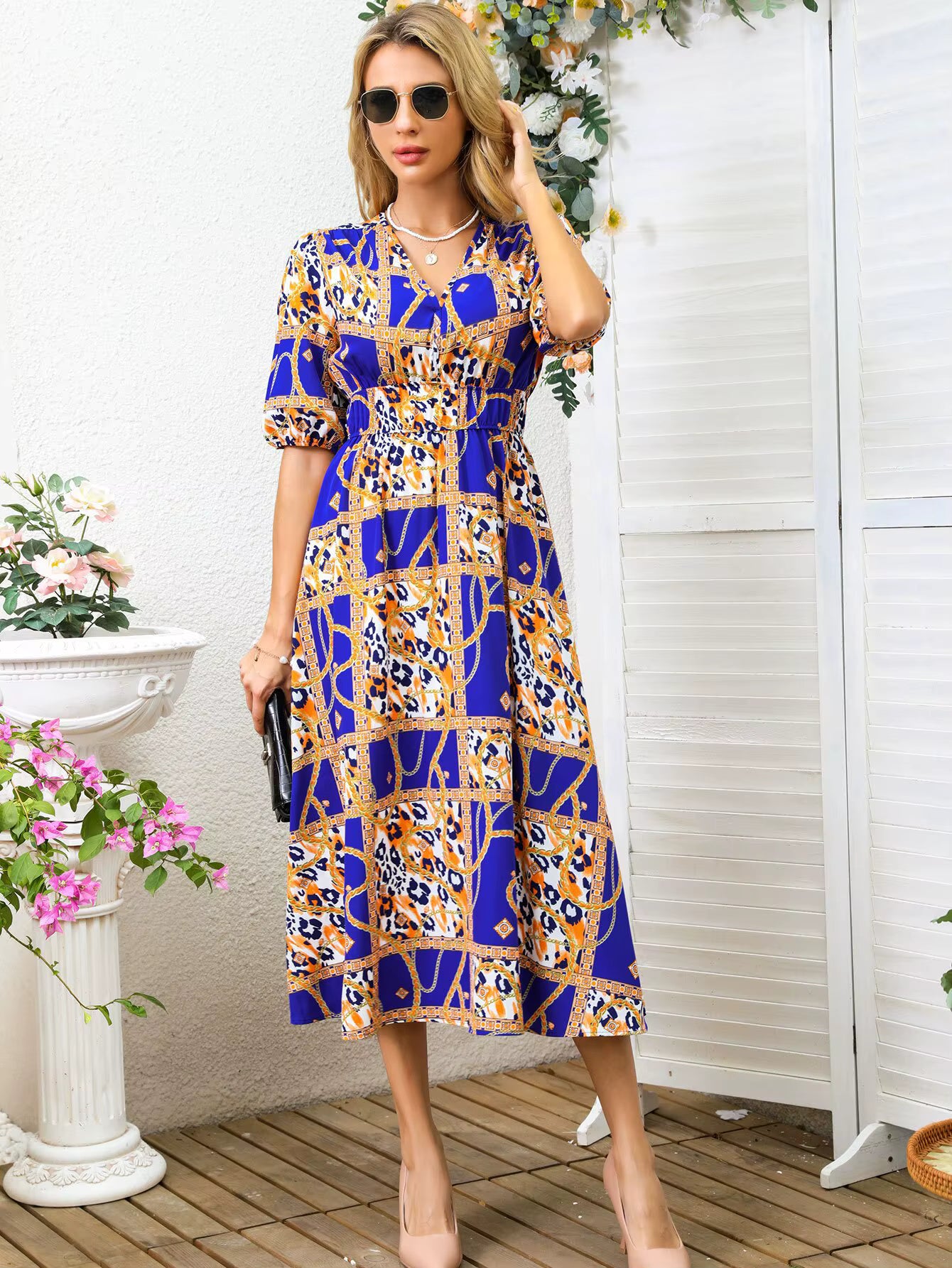 Bohemian Asymmetrical Pullover V-Neck Beach Style Geometric Design Sundress