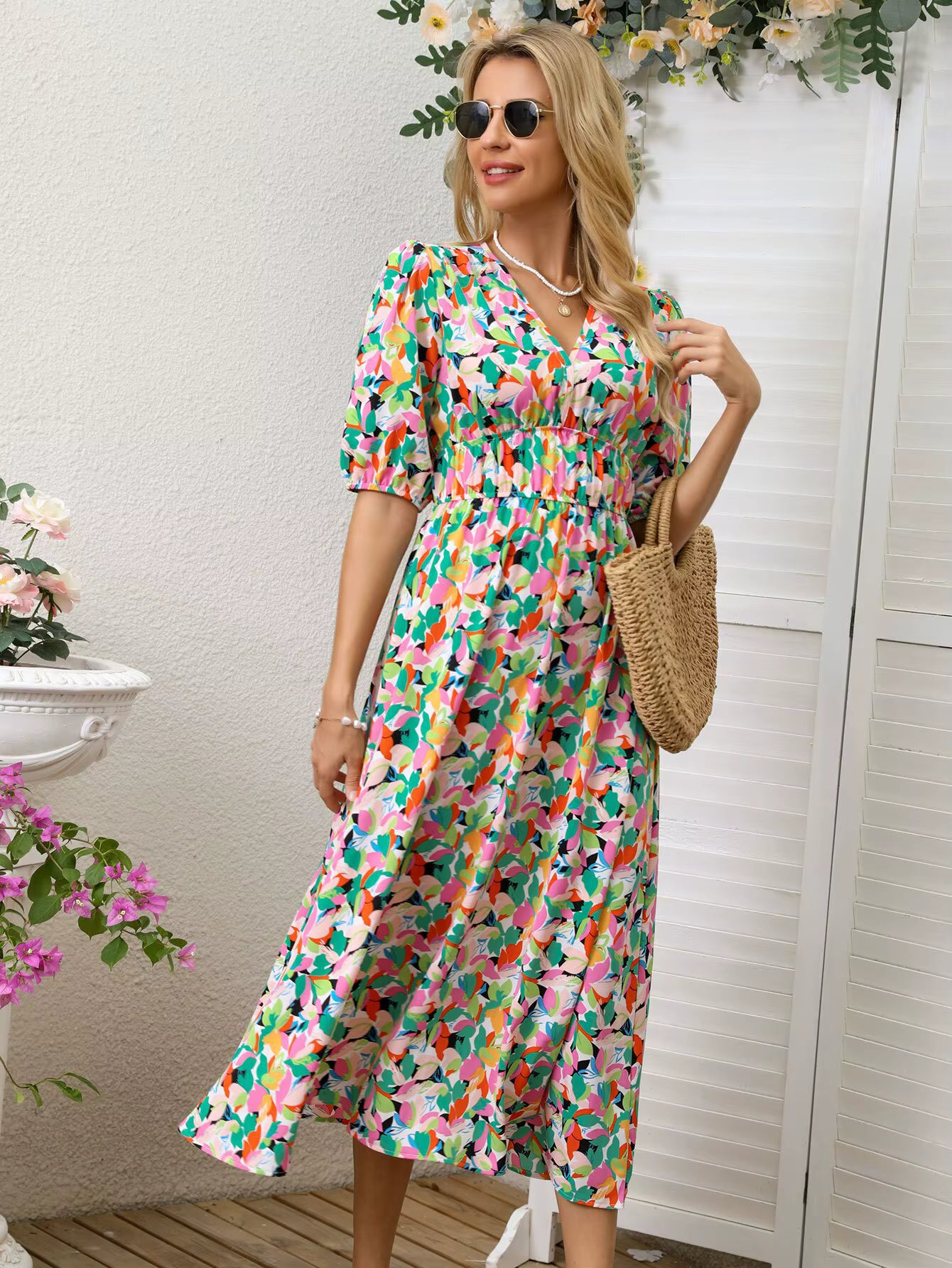 Casual Asymmetrical Pullover V-Neck Beach Style Printed Design Sundress