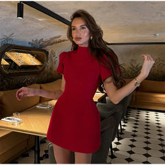 Casual Back Hollow Out Mock Neck Fitted Short Sleeve High Waist A-line Dresses