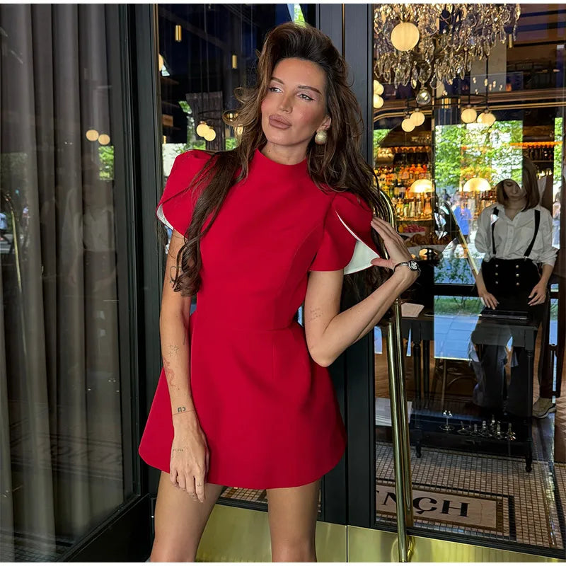 Casual Back Hollow Out Mock Neck Fitted Short Sleeve High Waist A-line Dresses