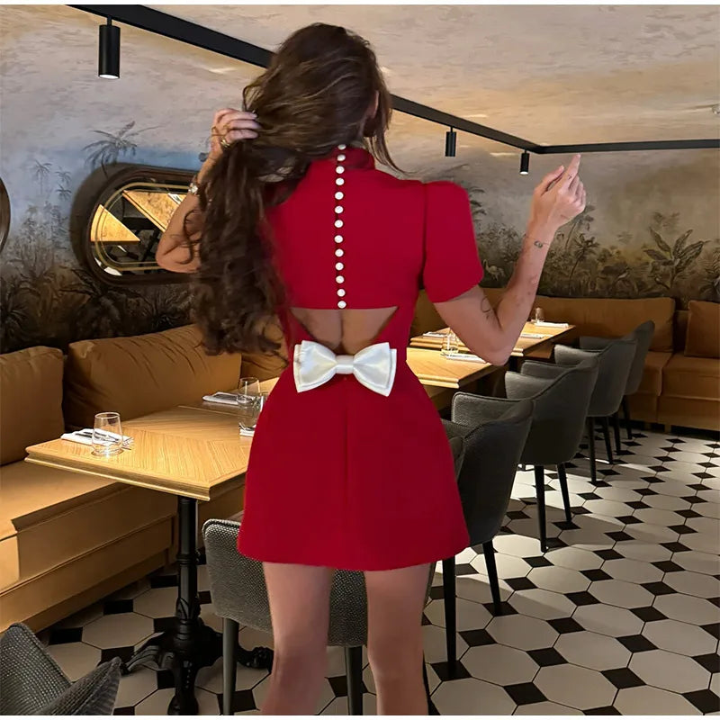 Casual Back Hollow Out Mock Neck Fitted Short Sleeve High Waist A-line Dresses