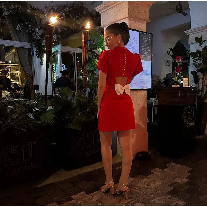 Casual Back Hollow Out Mock Neck Fitted Short Sleeve High Waist A-line Dresses