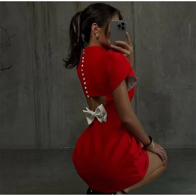 Casual Back Hollow Out Mock Neck Fitted Short Sleeve High Waist A-line Dresses