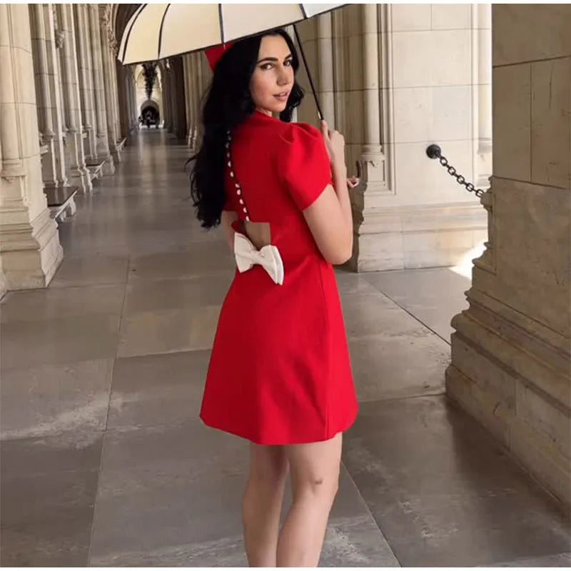 Casual Back Hollow Out Mock Neck Fitted Short Sleeve High Waist A-line Dresses