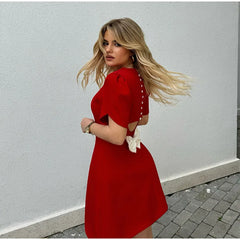 Casual Back Hollow Out Mock Neck Fitted Short Sleeve High Waist A-line Dresses