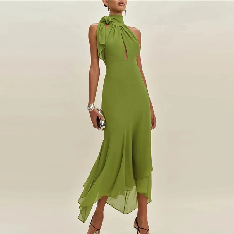 Casual Backless Halter Lace-up Office  Solid High Waist Slim Ruffle Dress