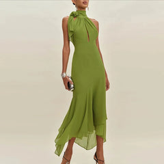 Casual Backless Halter Lace-up Office  Solid High Waist Slim Ruffle Dress