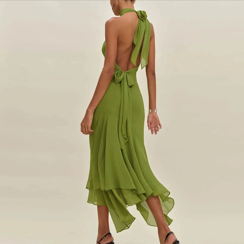 Casual Backless Halter Lace-up Office  Solid High Waist Slim Ruffle Dress