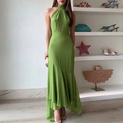 Casual Backless Halter Lace-up Office  Solid High Waist Slim Ruffle Dress
