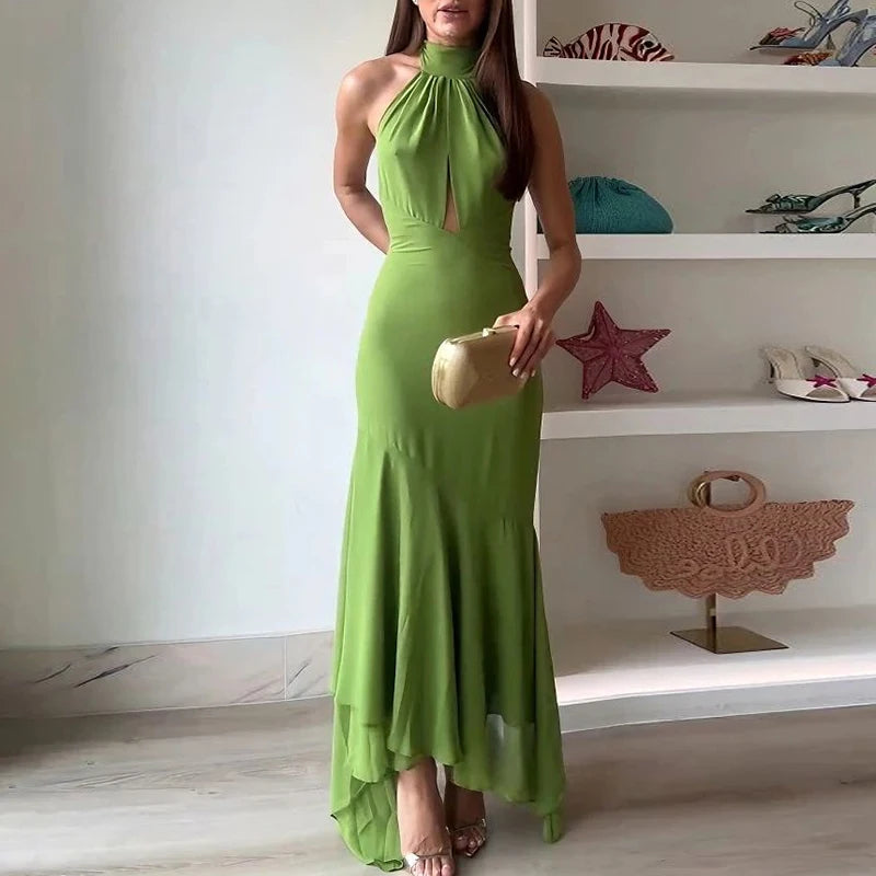 Casual Backless Halter Lace-up Office  Solid High Waist Slim Ruffle Dress