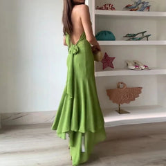 Casual Backless Halter Lace-up Office  Solid High Waist Slim Ruffle Dress