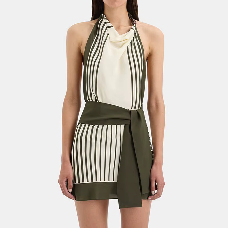 Casual Backless Halter Striped Print Hollow Out Sleeveless Mini Dress
