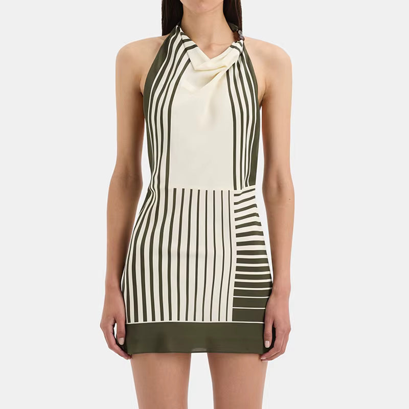 Casual Backless Halter Striped Print Hollow Out Sleeveless Mini Dress