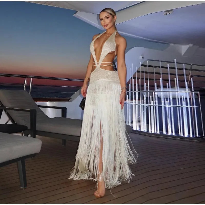 Casual Backless Holiday Sleeveless Lace Halter Tassels See-through Hollow Out Long Maxi Dress