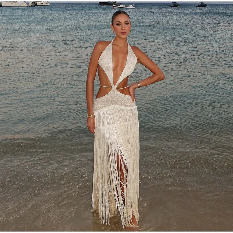 Casual Backless Holiday Sleeveless Lace Halter Tassels See-through Hollow Out Long Maxi Dress