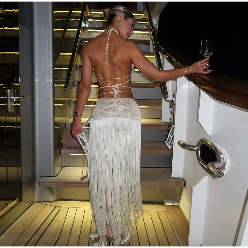 Casual Backless Holiday Sleeveless Lace Halter Tassels See-through Hollow Out Long Maxi Dress