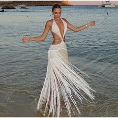 Casual Backless Holiday Sleeveless Lace Halter Tassels See-through Hollow Out Long Maxi Dress