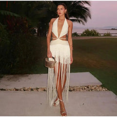 Casual Backless Holiday Sleeveless Lace Halter Tassels See-through Hollow Out Long Maxi Dress
