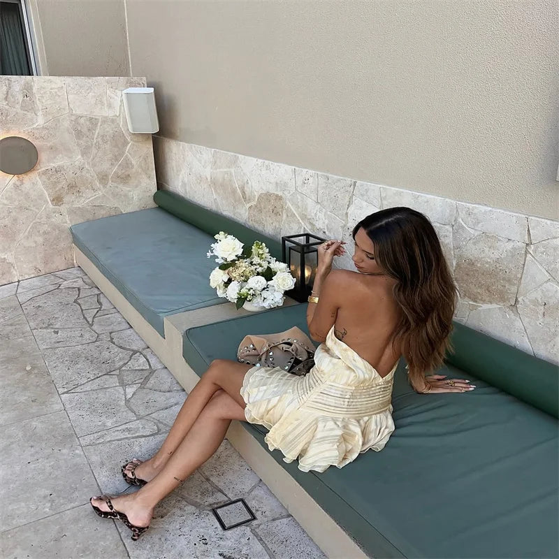 Casual Backless Lace Up Halter Ruffle Sleeveless Mini Dress