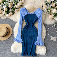 Casual Backless Long Sleeve Bow Hollow Knitted Warm Elastic Sweater Dress
