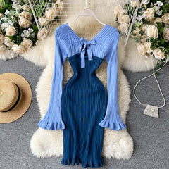 Casual Backless Long Sleeve Bow Hollow Knitted Warm Elastic Sweater Dress