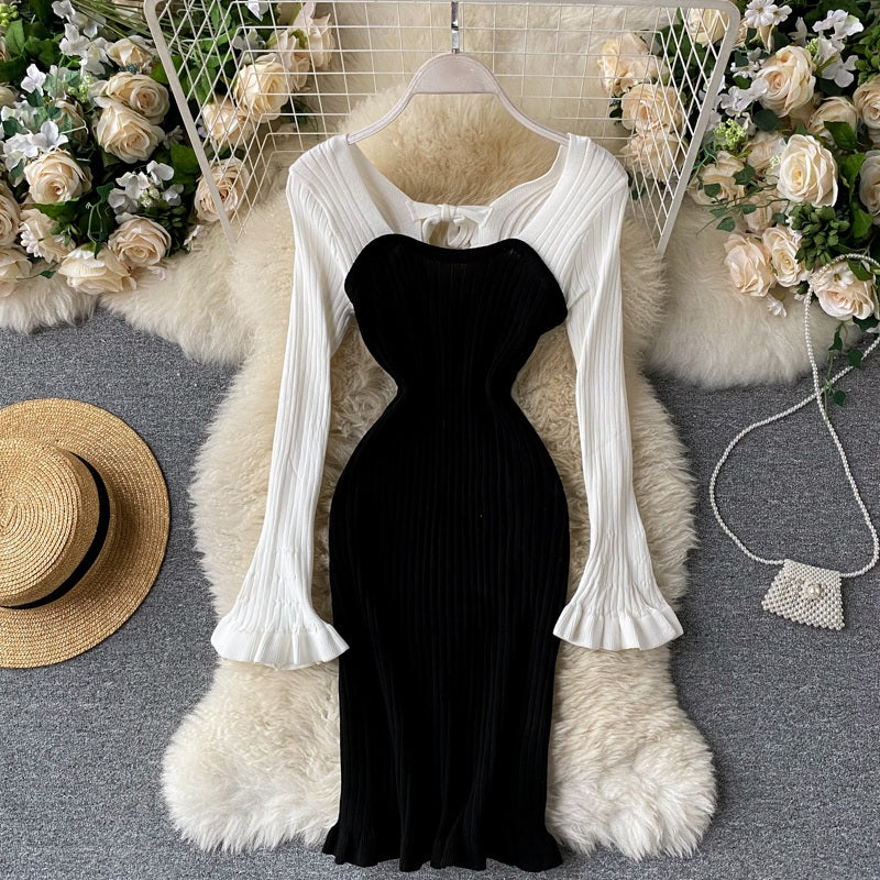 Casual Backless Long Sleeve Bow Hollow Knitted Warm Elastic Sweater Dress