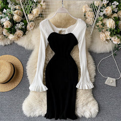 Casual Backless Long Sleeve Bow Hollow Knitted Warm Elastic Sweater Dress