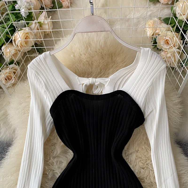Casual Backless Long Sleeve Bow Hollow Knitted Warm Elastic Sweater Dress