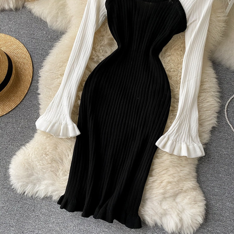 Casual Backless Long Sleeve Bow Hollow Knitted Warm Elastic Sweater Dress