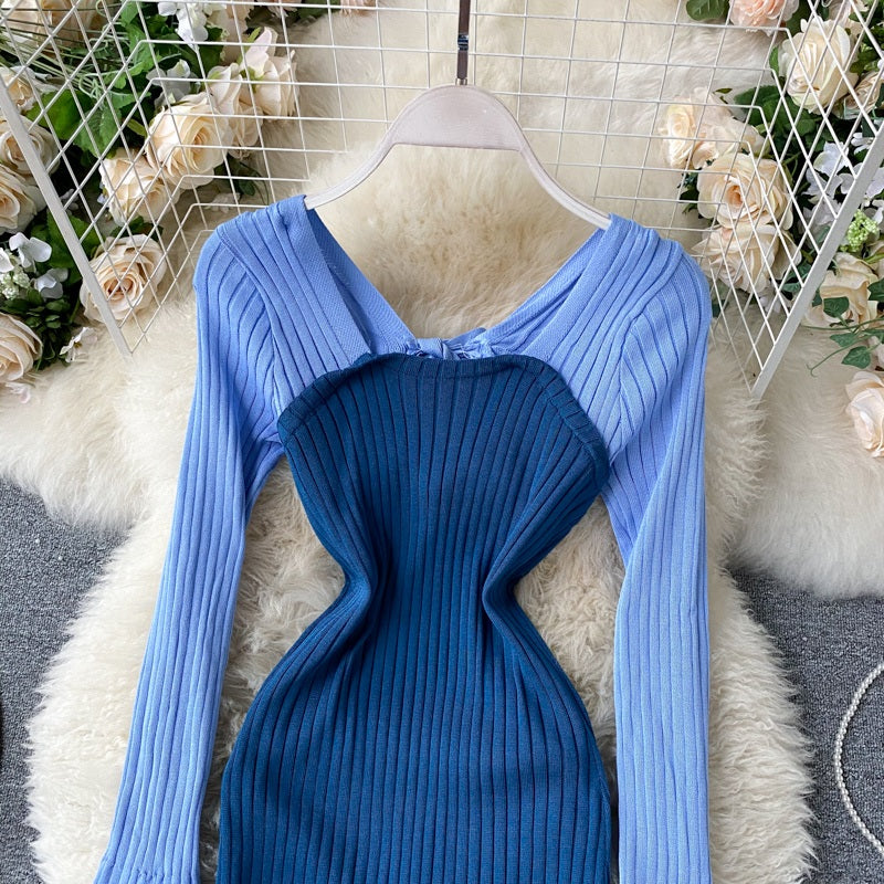 Casual Backless Long Sleeve Bow Hollow Knitted Warm Elastic Sweater Dress