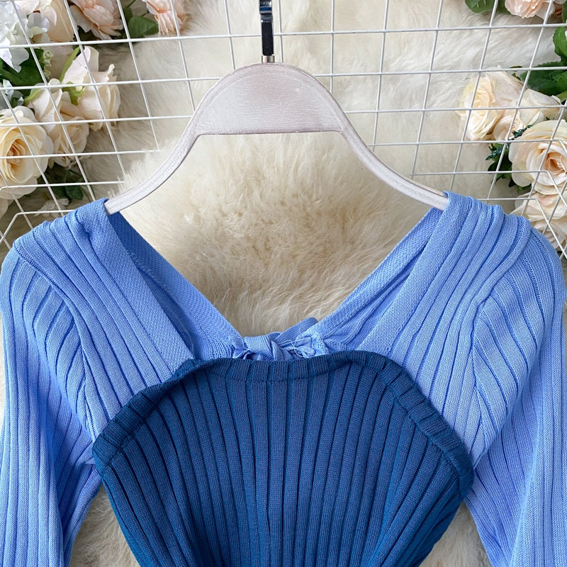 Casual Backless Long Sleeve Bow Hollow Knitted Warm Elastic Sweater Dress