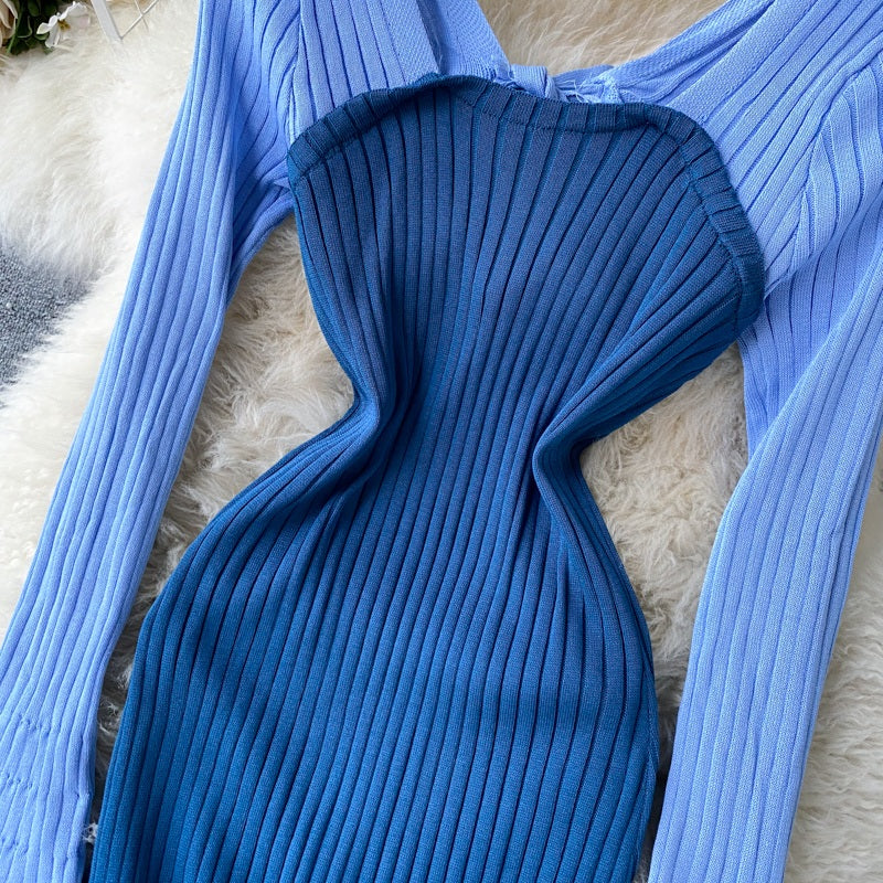 Casual Backless Long Sleeve Bow Hollow Knitted Warm Elastic Sweater Dress