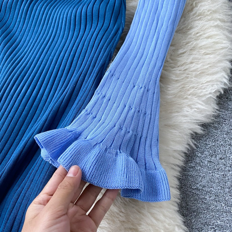 Casual Backless Long Sleeve Bow Hollow Knitted Warm Elastic Sweater Dress