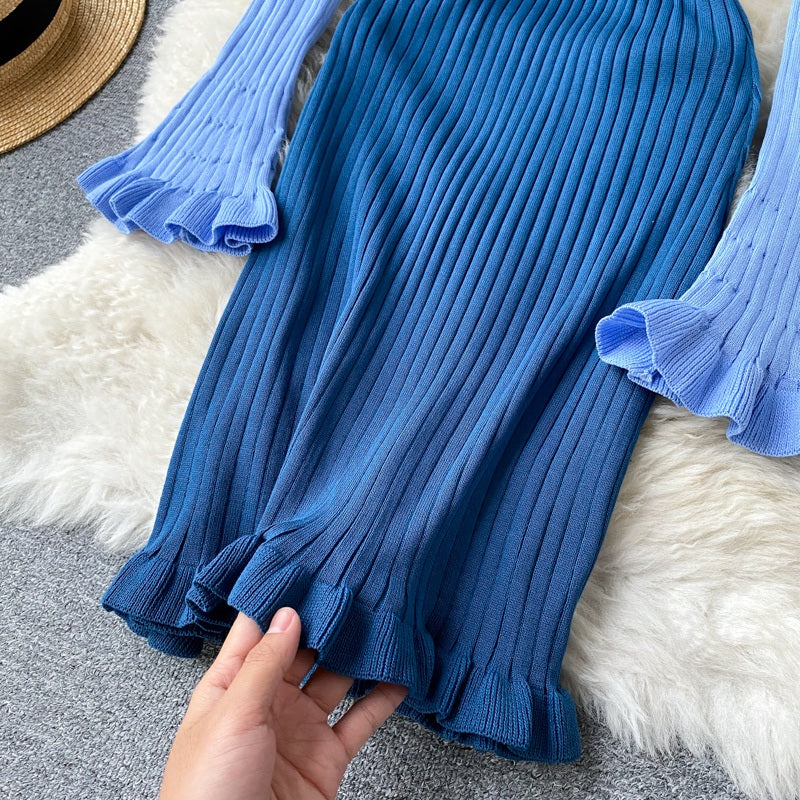 Casual Backless Long Sleeve Bow Hollow Knitted Warm Elastic Sweater Dress
