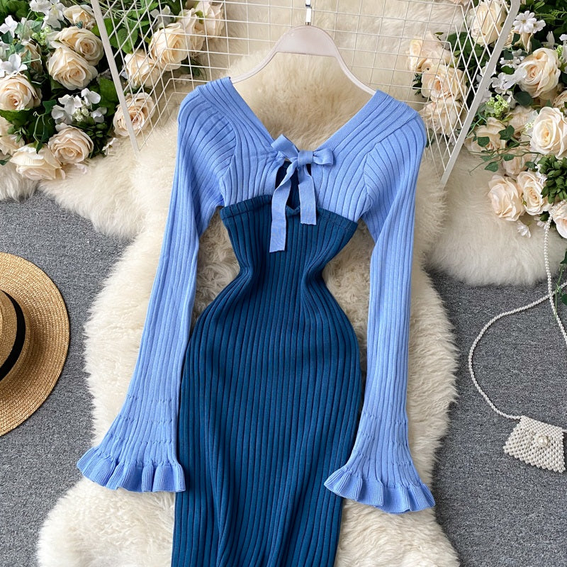 Casual Backless Long Sleeve Bow Hollow Knitted Warm Elastic Sweater Dress