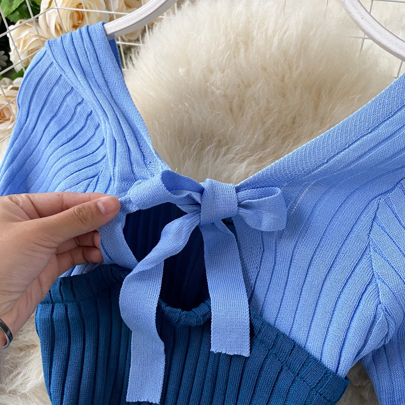 Casual Backless Long Sleeve Bow Hollow Knitted Warm Elastic Sweater Dress