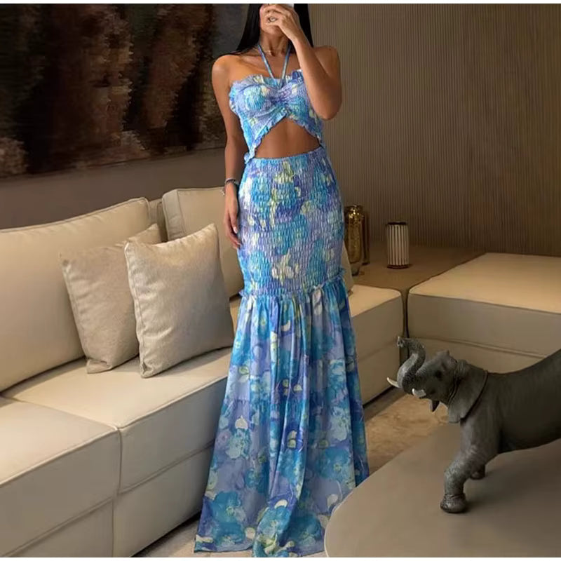 Casual Backless Off Shoulder Patchwork Ruffle Hollow Out Printed Halter Long Maxi Dress