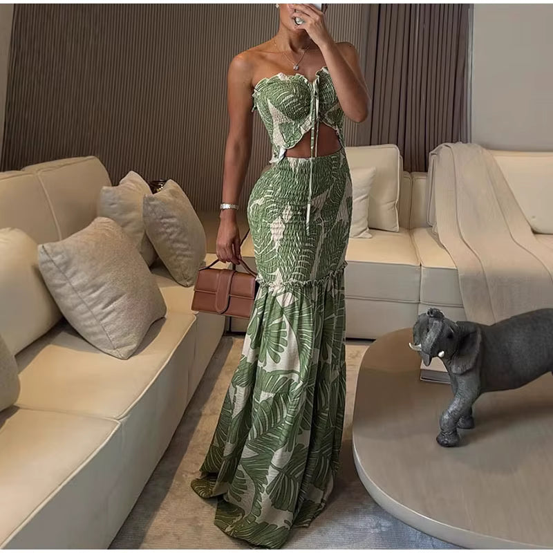 Casual Backless Off Shoulder Patchwork Ruffle Hollow Out Printed Halter Long Maxi Dress