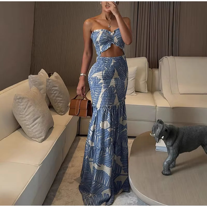 Casual Backless Off Shoulder Patchwork Ruffle Hollow Out Printed Halter Long Maxi Dress