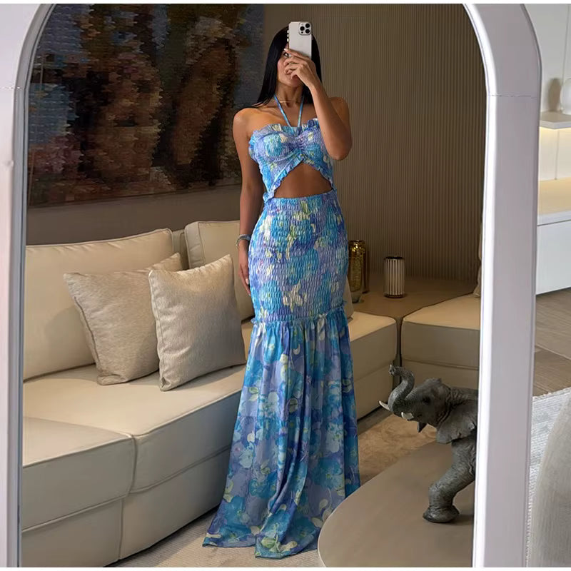 Casual Backless Off Shoulder Patchwork Ruffle Hollow Out Printed Halter Long Maxi Dress